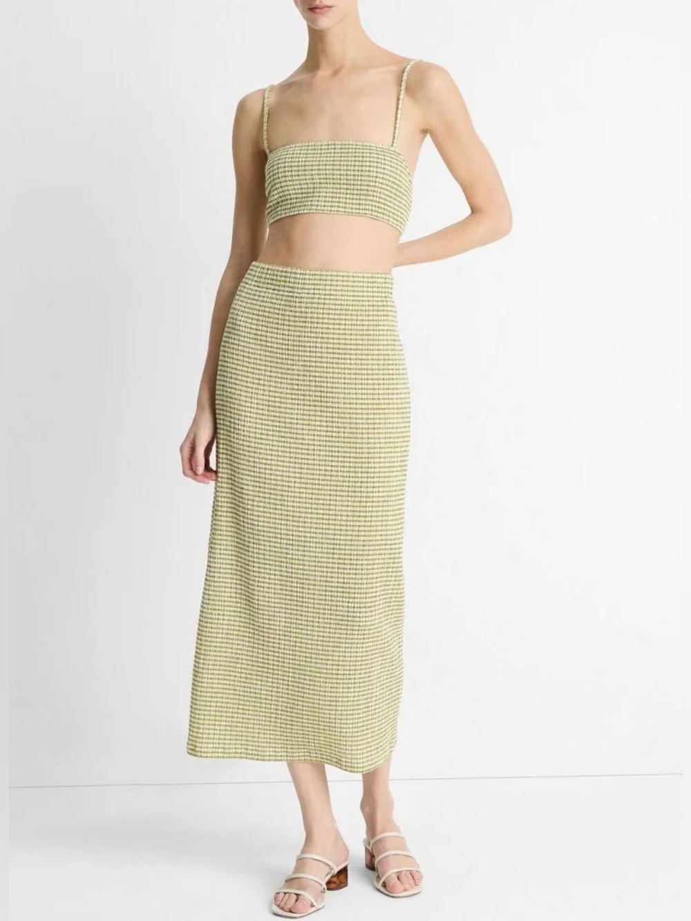 Vince Checked Smocked Midi Skirt Stretch Gingham Green Size XS *202